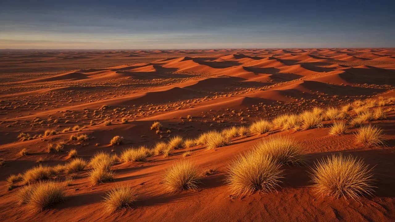 Parallel desert dunes stretching to the horizon in late-afternoon light