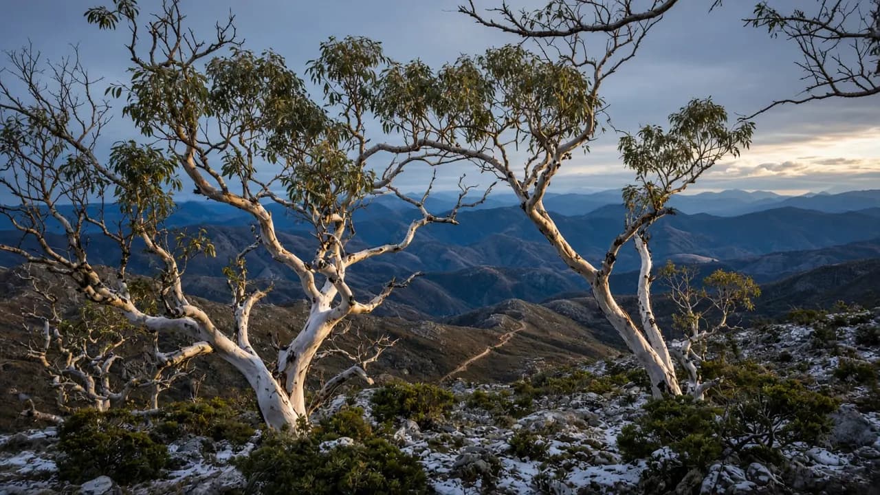 Snow gums and a High Country track along an alpine ridge