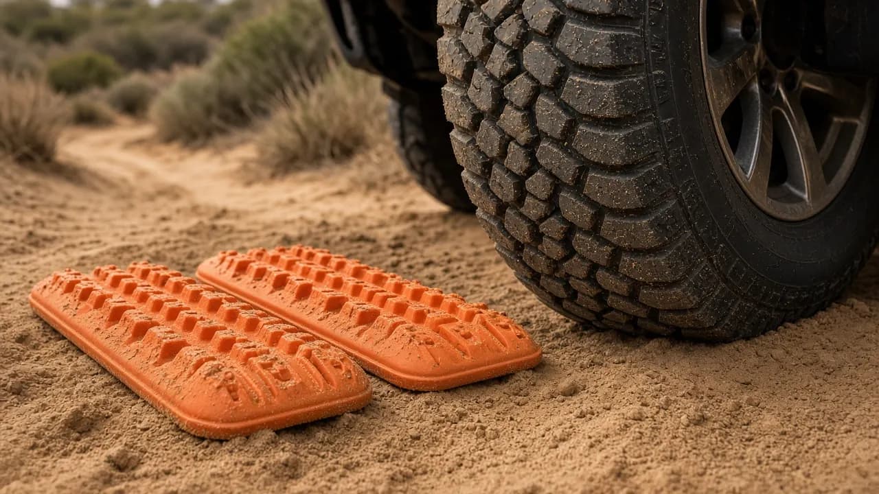 Recovery boards placed in front of a 4WD on a sandy inland track