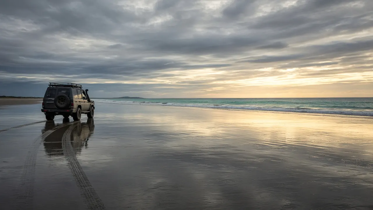 4WD travelling along a wide tidal beach at low tide
