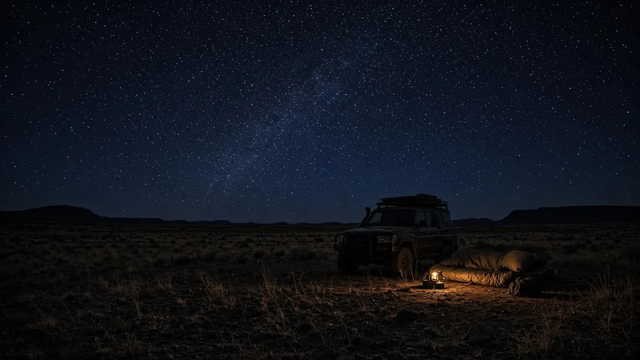 Quiet camp at first light beside a 4WD in open woodland